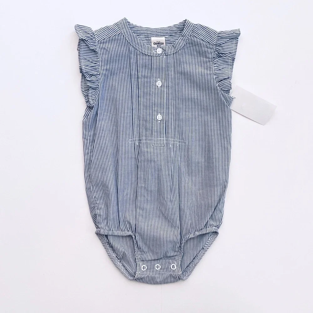 OshKosh Baby Girl Pinstripe Ruffle Bodysuit 9M Blue White NWT Summer